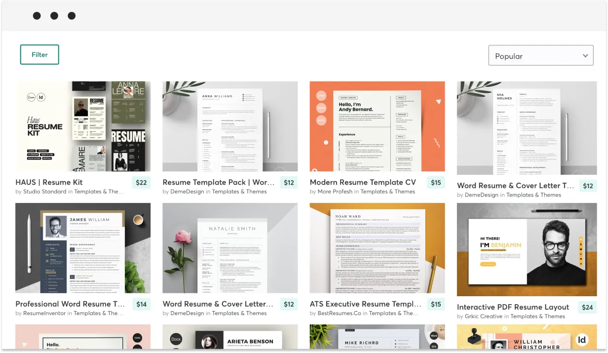 popular resume templates on creative market