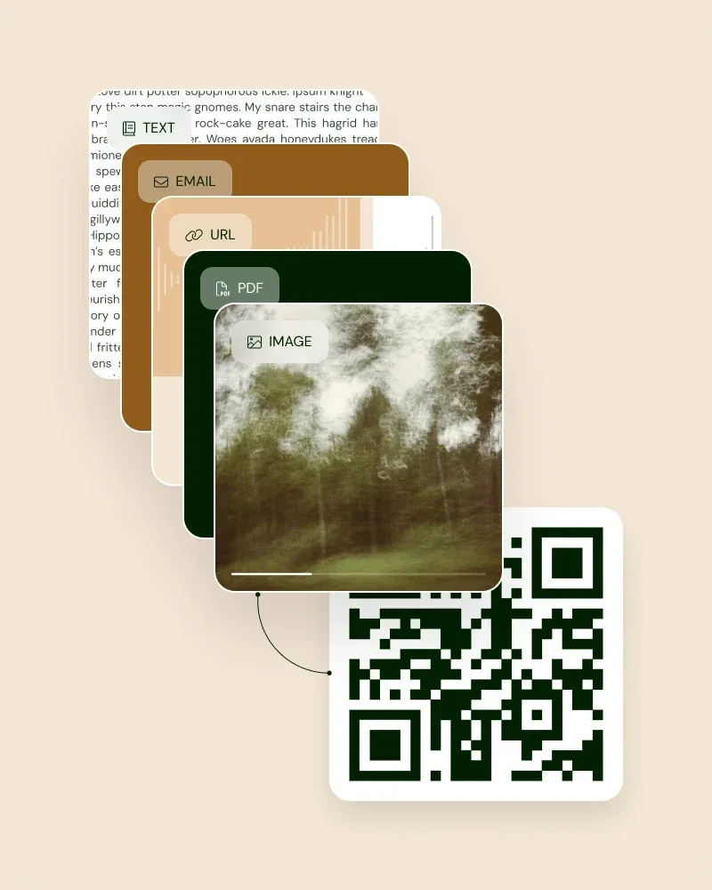 QR code generator content types: text, email, URL, PDF and image