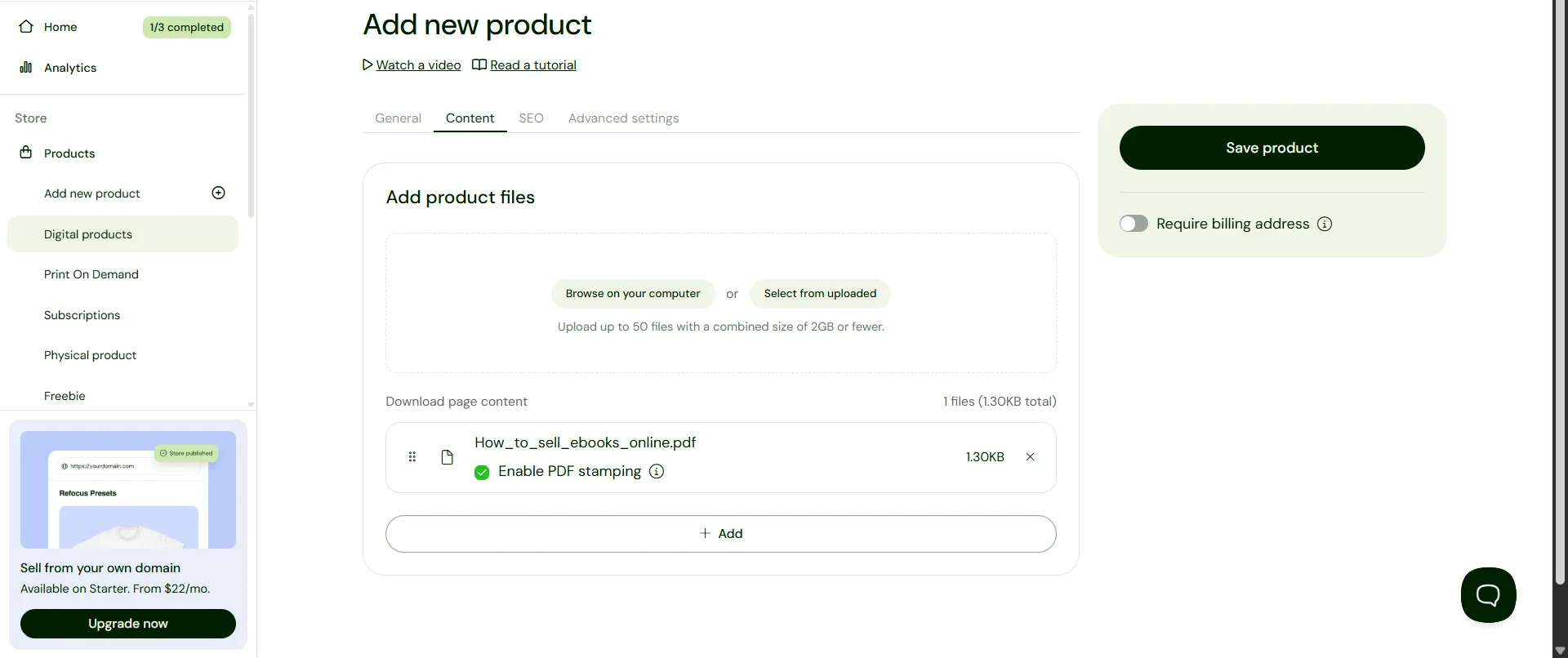 Uploading an ebook file to a Sellfy store in the Add new product screen