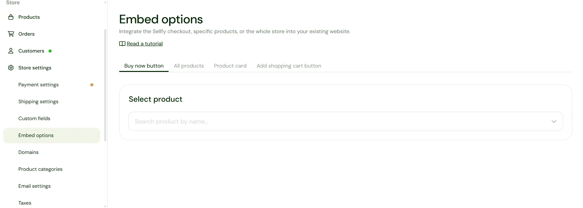 Pantalla de Opciones de inserción de Sellfy con pestañas para el botón Comprar ahora, todos los productos y la tarjeta de producto