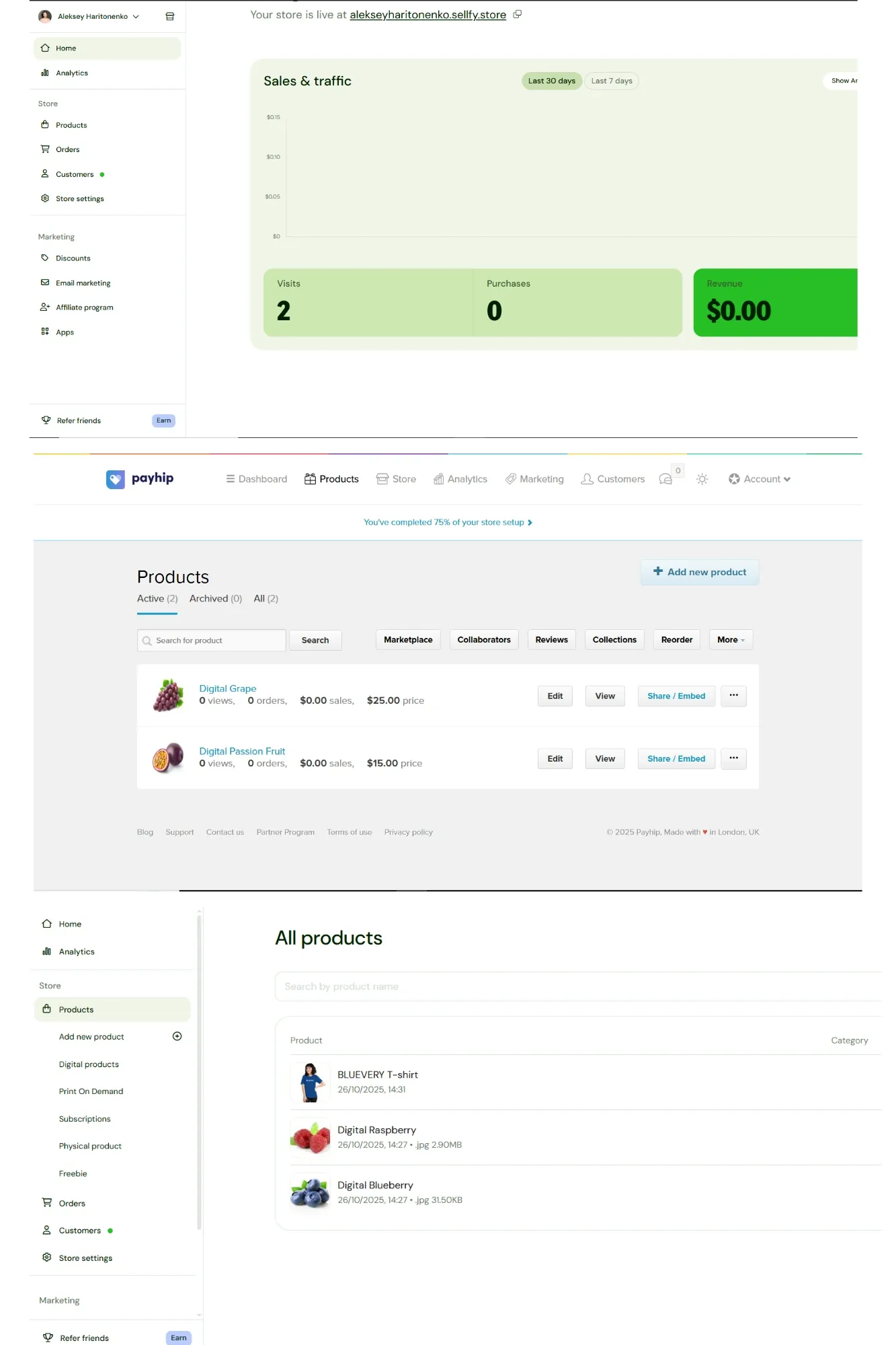 Paneles de Sellfy y Payhip mostrando productos digitales a la venta