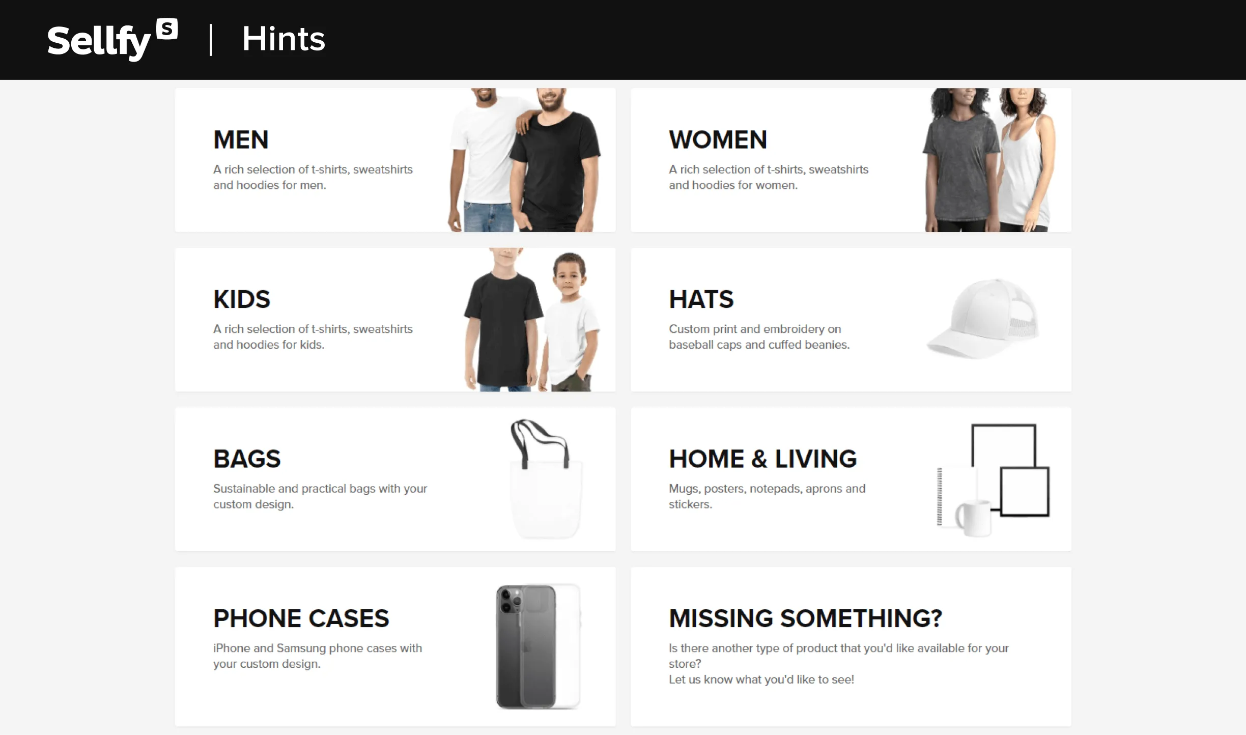 sellfy print on demand categories