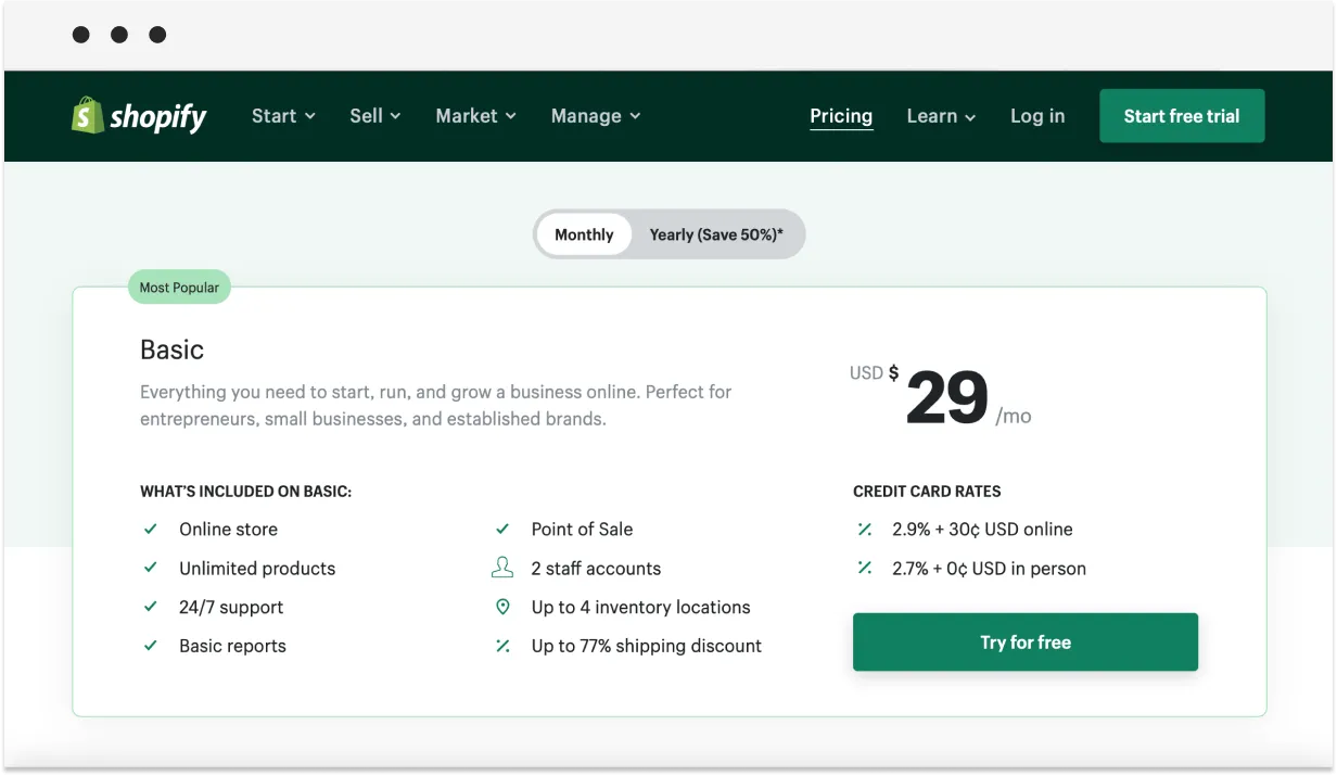 shopify pricing plan