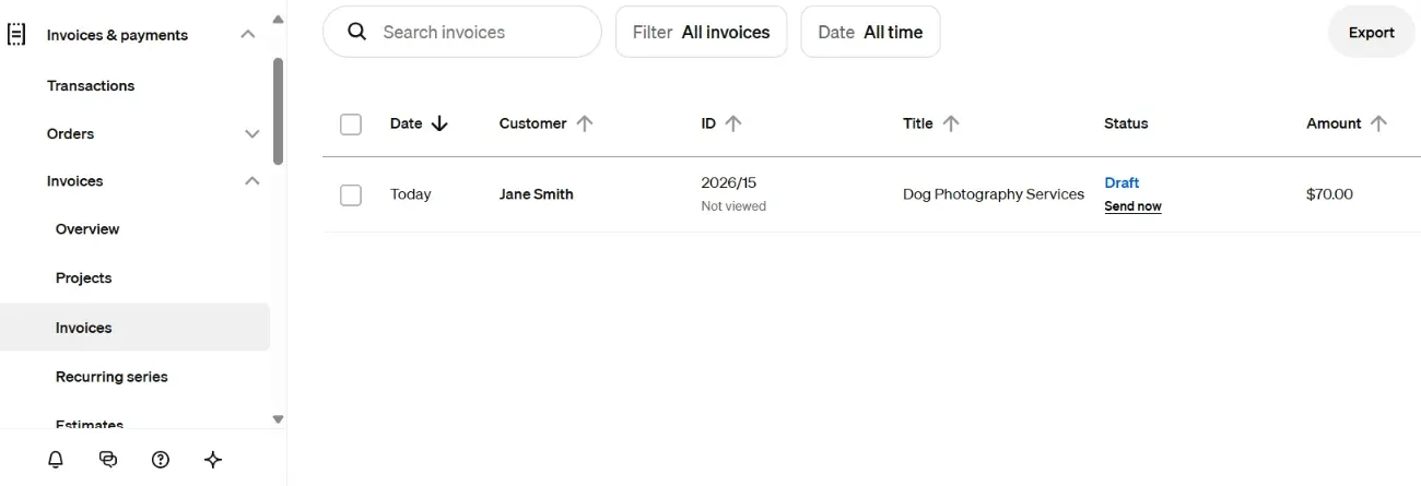 Square Online invoices dashboard