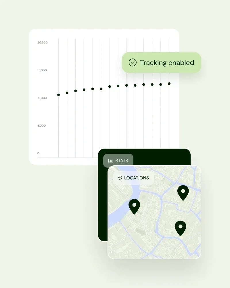 QR code scan analytics with a trend chart and scan locations on a map