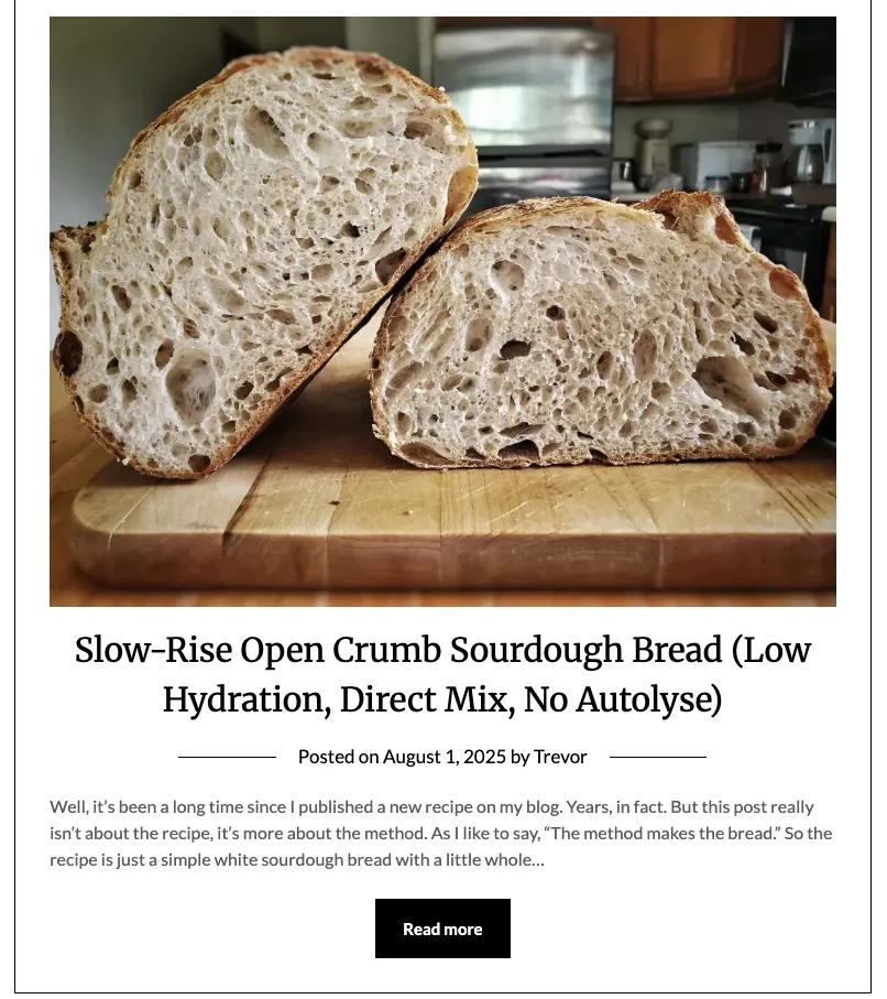 Trevor's bread-baking blog post on slow-rise open crumb sourdough bread