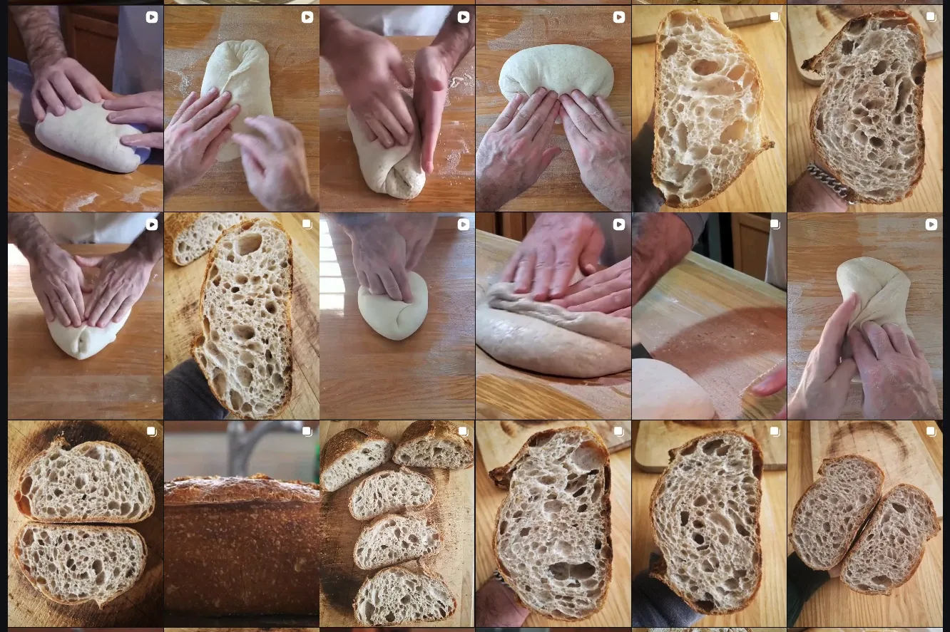 Trevor's Instagram grid, filled with close-ups of open-crumb sourdough loaves