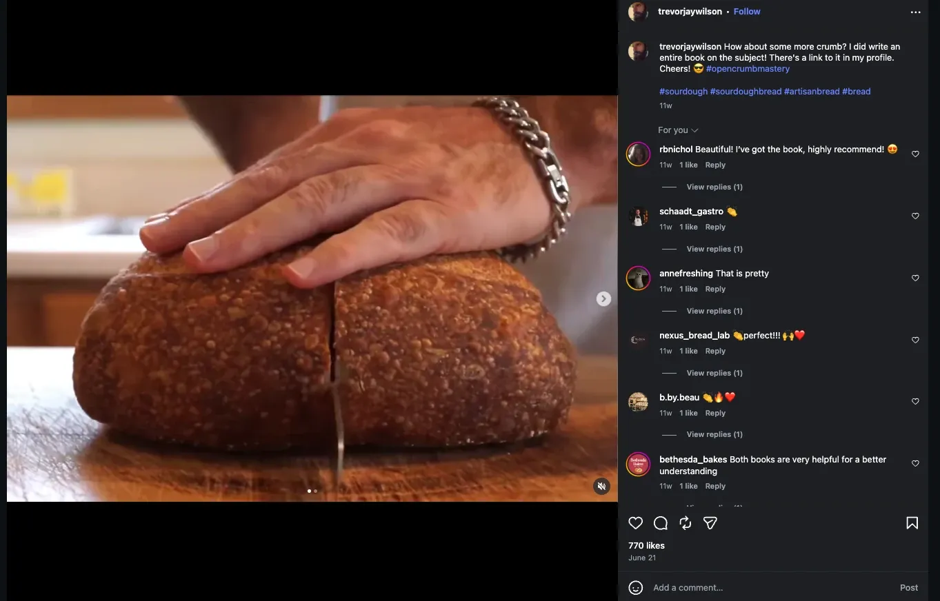 Close-up of an Instagram post where Trevor shows off an open-crumb sourdough loaf