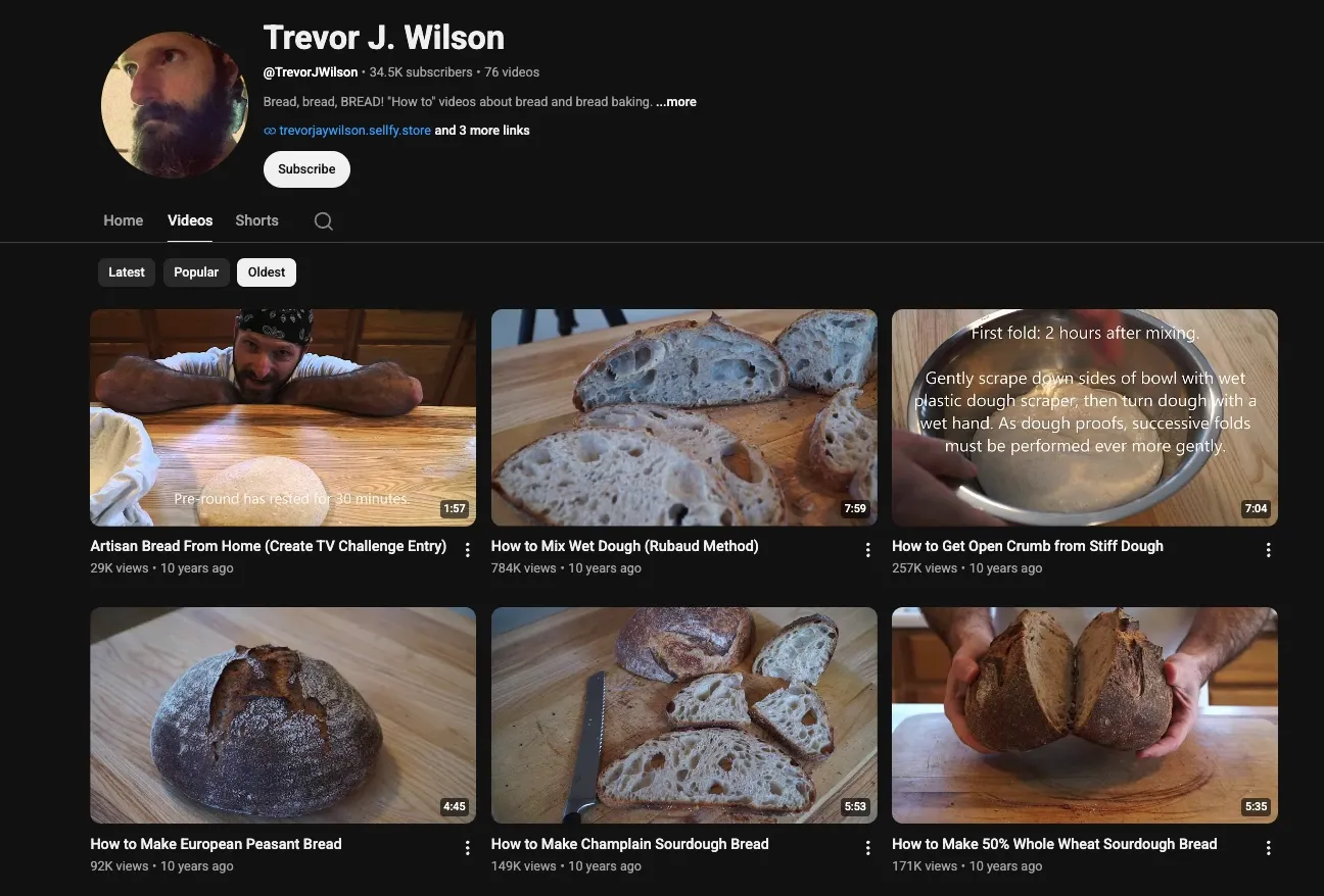 Trevor's YouTube channel, showing 34.5k subscribers and his earliest bread-baking videos